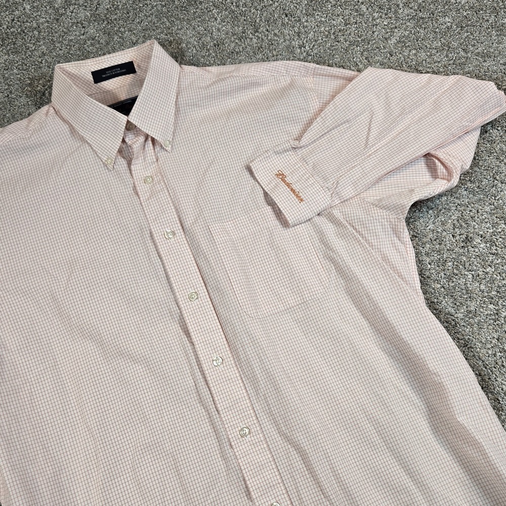 Anheuser Bush Budweiser Mens Sise L Orange Checked Button Down Dress Shirt - Picture 1 of 9